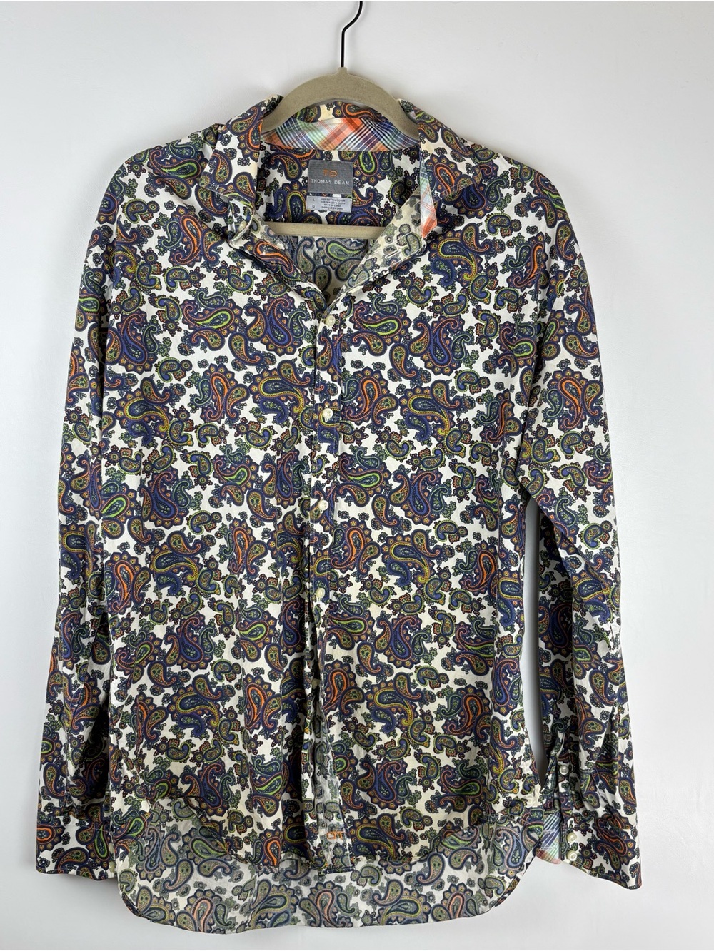Thomas Dean Shirt Mens Large Purple Paisley Button Up Long Sleeve Cotton Casual